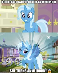 Size: 492x623 | Tagged: a horse shoe-in, alicorn, alicornified, caption, derpibooru import, edit, edited screencap, grammar error, image macro, meme, race swap, safe, screencap, text, trixie, trixiecorn