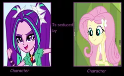 Size: 1115x683 | Tagged: safe, artist:themexicanpunisher, derpibooru import, edit, edited screencap, screencap, aria blaze, fluttershy, equestria girls, equestria girls (movie), rainbow rocks, ariashy, black background, female, lesbian, meme, seduction, shipping, simple background, text