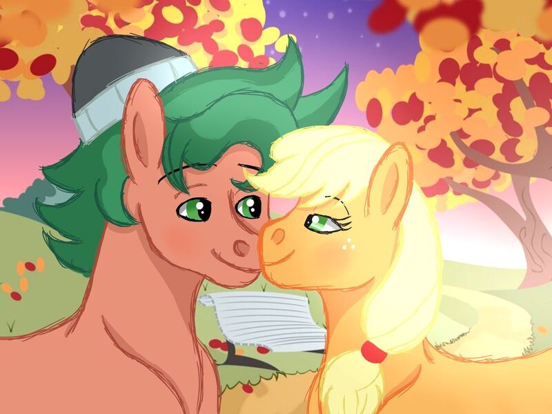 Size: 1280x960 | Tagged: safe, artist:erockertorres, artist:themune, derpibooru import, applejack, timber spruce, ponified, earth pony, pony, applespruce, beanie, bedroom eyes, bench, blushing, equestria girls ponified, female, freckles, hat, leaf, male, mare, shipping, stallion, straight, tree