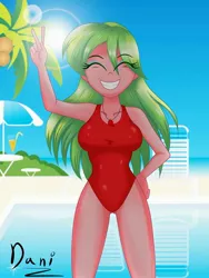 Size: 2121x2823 | Tagged: safe, artist:danielitamlp, derpibooru import, lemon zest, equestria girls, baywatch, breasts, busty lemon zest, clothes, eyes closed, grin, image, jpeg, one-piece swimsuit, peace sign, smiling, solo, swimsuit, whistle, whistle necklace