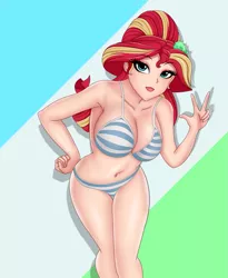 Size: 1701x2079 | Tagged: suggestive, alternate version, artist:anonix123, derpibooru import, sunset shimmer, human, eqg summertime shorts, equestria girls, good vibes, alternate hairstyle, belly button, bikini, breasts, busty sunset shimmer, cleavage, clothes, female, humanized, legs, lipstick, panties, solo, solo female, striped bikini, striped bra, striped panties, striped swimsuit, swimsuit, underwear