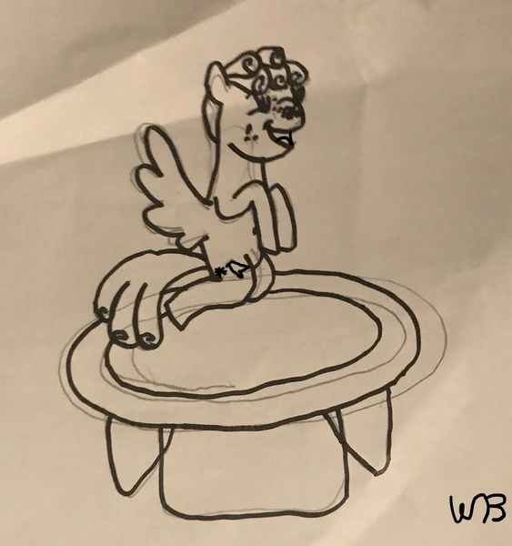 Size: 1200x1280 | Tagged: safe, artist:whistle blossom, deleted from derpibooru, derpibooru import, spur, pegasus, pony, belly button, cute, female, filly, foal, marker drawing, monochrome, simple background, solo, spurbetes, teenager, traditional art, trampoline, white background