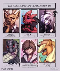 Size: 1230x1470 | Tagged: safe, artist:kuro-the-panther, derpibooru import, applejack, anthro, chameleon, deer, earth pony, human, lizard, pony, six fanarts, animal crossing, anthro with ponies, antlers, asagao to kase-san, beastars, blushing, bust, clothes, crossover, female, flick, forked tongue, hat, louis (beastars), male, mare, monster hunter, necktie, net, one eye closed, rage of bahamut, tobi, wink
