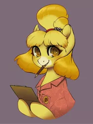 Size: 2963x3945 | Tagged: safe, artist:taytinabelle, derpibooru import, ponified, earth pony, pony, animal crossing, animal crossing: new horizons, bow, clipboard, clothes, crossover, cute, fanart, female, hair bow, happy, isabelle, looking at you, mare, mouth hold, pencil, shirt, simple background, smiling, smiling at you, solo