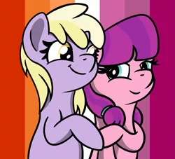 Size: 1191x1080 | Tagged: safe, artist:dinkyuniverse, derpibooru import, dinky hooves, lily longsocks, earth pony, pony, unicorn, caring, couple, cute, dinkabetes, dinkily, female, filly, flag, foal, lesbian, lesbian flag, lgbt, love, pride, pride month, pride ponies, shipping, sunset lesbian flag