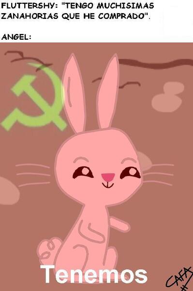 Size: 502x754 | Tagged: angel bunny, artist:cafakero, bugs bunny, communism, derpibooru import, implied fluttershy, meme, safe, spanish