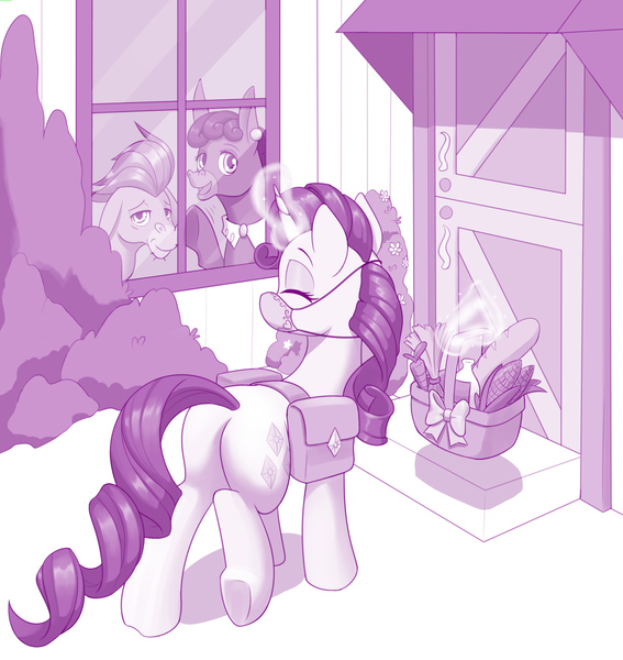 Size: 1280x1354 | Tagged: safe, artist:dstears, derpibooru import, cranky doodle donkey, matilda, rarity, pony, unicorn, bag, basket, coronavirus, covid-19, digital art, eyes closed, face mask, female, food, groceries, levitation, magic, mare, mask, saddle bag, smiling, telekinesis, waving