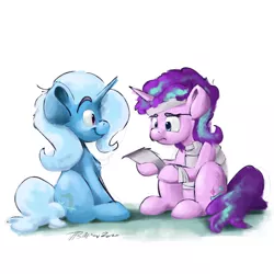 Size: 2000x2000 | Tagged: safe, artist:rigbyh00ves, derpibooru import, starlight glimmer, trixie, pony, unicorn, atg 2020, bandage, duo, female, mare, newbie artist training grounds, sitting