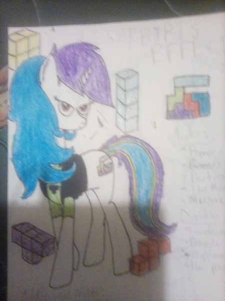 Size: 1200x1600 | Tagged: safe, artist:professorventurer, derpibooru import, oc, oc:tetris effect, unofficial characters only, pony, unicorn, pony town, female, mare, reference sheet, solo, tetris, traditional art