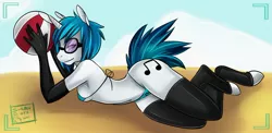 Size: 1280x623 | Tagged: suggestive, artist:salkitten, derpibooru import, vinyl scratch, anthro, unguligrade anthro, unicorn, beach, bikini, breasts, clothes, evening gloves, female, gloves, goggles, latex, long gloves, looking at you, lying down, red eyes, signature, socks, solo, solo female, swimsuit, thigh highs