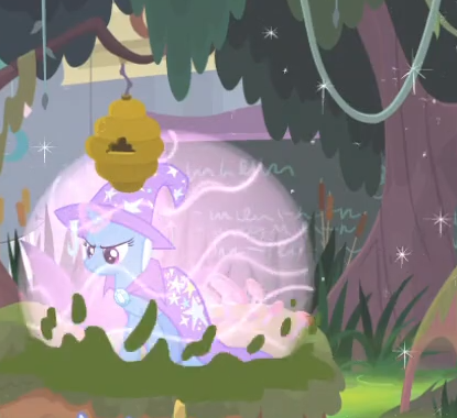 Size: 415x380 | Tagged: safe, derpibooru import, screencap, trixie, pony, unicorn, a horse shoe-in, beehive, cape, clothes, cropped, female, force field, hat, magic, mare, solo, trixie's cape, trixie's hat