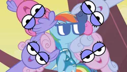 Size: 1280x720 | Tagged: safe, derpibooru import, edit, edited screencap, editor:katy木土, screencap, lilac links, rainbow dash, unnamed character, unnamed pony, pegasus, pony, winter wrap up, background pony, female, mare, weather team, winter wrap up song