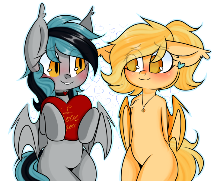 Size: 2316x1934 | Tagged: safe, artist:thieftea, derpibooru import, oc, oc:greycedar, oc:pudding, unofficial characters only, bat pony, couple, jewelry, love, necklace, simple background, transparent background