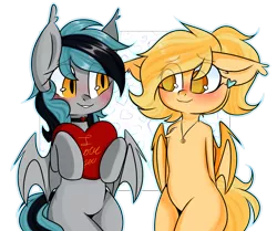 Size: 2316x1934 | Tagged: safe, artist:thieftea, derpibooru import, oc, oc:greycedar, oc:pudding, unofficial characters only, bat pony, couple, jewelry, love, necklace, simple background, transparent background