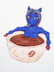 Size: 810x1080 | Tagged: artist:mirdal, blue fur, coffee, cup, derpibooru import, fanfic art, implied pegasus, oc, oc:hellfire, pegasus, red eyes, safe, traditional art