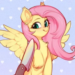 Size: 1304x1296 | Tagged: safe, artist:vensual99, derpibooru import, edit, fluttershy, pegasus, pony, behaving like a cat, chest fluff, cropped, cute, ear fluff, female, fluffy, knife, knife cat, meme, offscreen character, ponified animal photo, ponified meme, shyabetes, unshorn fetlocks