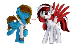 Size: 1600x1000 | Tagged: safe, artist:ponynamedmixtape, derpibooru import, oc, oc:memeancholy, oc:peppermint, unofficial characters only, pegasus, clothes, duo, female, jacket, onomatopoeia, raspberry, raspberry noise, silly, simple background, tongue out, transparent background