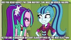 Size: 896x500 | Tagged: safe, derpibooru import, edit, edited screencap, screencap, aria blaze, sonata dusk, equestria girls, rainbow rocks, india, joke, politics, pun