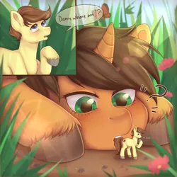 Size: 3000x3000 | Tagged: safe, artist:beer_cock, derpibooru import, oc, oc:falki, oc:tomson, unofficial characters only, butterfly, earth pony, pony, unicorn, micro, smol, tiny, tiny ponies, unaware