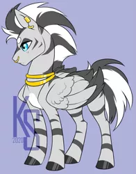 Size: 845x1080 | Tagged: safe, artist:dementra369, derpibooru import, oc, unofficial characters only, hybrid, pegasus, zebra, zebrasus, zebroid, ear piercing, earring, image, jewelry, neck rings, piercing, png, septum, solo