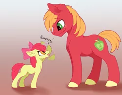 Size: 1725x1346 | Tagged: safe, artist:wbp, derpibooru import, apple bloom, big macintosh, earth pony, pony, adorabloom, boop, brother and sister, colored hooves, cute, dialogue, duo, ear fluff, female, filly, floppy ears, freckles, gradient background, macabetes, male, shadow, siblings, simple background, stallion, waving