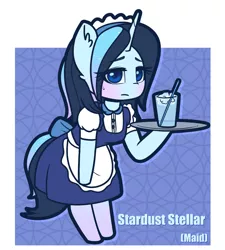 Size: 1322x1466 | Tagged: safe, artist:puetsua, derpibooru import, oc, oc:stardust stellar, unofficial characters only, anthro, unguligrade anthro, unicorn, blushing, chibi, clothes, female, glass, holding, lidded eyes, looking at you, maid, mare, solo, tray
