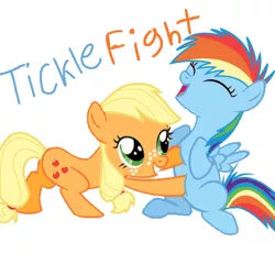 Size: 512x512 | Tagged: safe, artist:princessdestiny200i, derpibooru import, applejack, rainbow dash, earth pony, pegasus, pony, cute, dashabetes, eyes closed, female, filly, filly applejack, filly rainbow dash, freckles, grin, jackabetes, laughing, open mouth, simple background, smiling, tickle fight, tickle torture, tickling, white background, younger