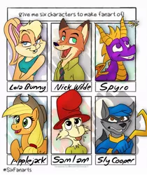 Size: 869x1036 | Tagged: safe, artist:blakethefox, derpibooru import, applejack, anthro, dragon, earth pony, pony, rabbit, raccoon, six fanarts, :p, animal, anthro with ponies, bedroom eyes, bust, clothes, crossover, female, freckles, green eggs and ham, hat, lola bunny, male, mare, necktie, nick wilde, open mouth, sly cooper, smiling, spyro the dragon, tongue out, top hat, zootopia