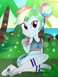 Size: 1800x2400 | Tagged: safe, artist:artmlpk, derpibooru import, rainbow dash, equestria girls, adorable face, adorasexy, adorkable, alternate hairstyle, beach, beautiful, blushing, bra, bush, clothes, confused, converse, crop top bra, cute, dashabetes, design, dork, female, grass, hair bun, kool-aid, looking at you, ocean, outfit, palm tree, plant, rainbow dash always dresses in style, rock, sexy, shoes, shorts, sneakers, socks, solo, thigh highs, tree, underwear, water, watermark