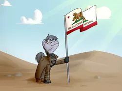 Size: 1653x1240 | Tagged: safe, artist:dalbek, derpibooru import, oc, oc:silver bristle, unofficial characters only, earth pony, pony, dessert, fallout, flag, glasses, holding, looking up, male, ncr, necktie, smiling, solo, stallion, sunlight, wasteland
