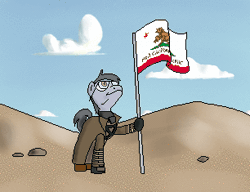 Size: 306x235 | Tagged: safe, artist:dalbek, artist:izchrevaloki, derpibooru import, oc, oc:silver bristle, unofficial characters only, earth pony, pony, animated, dessert, fallout, flag, gif, glasses, holding, looking up, male, ncr, necktie, smiling, solo, stallion, sunlight, wasteland, wind