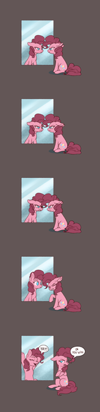 Size: 1000x4102 | Tagged: safe, artist:28gooddays, derpibooru import, pinkie pie, earth pony, pony, altered reflection, comic, concentrating, dialogue, ear fluff, female, floppy ears, mare, mirror, no pupils, pinkie being pinkie, pinkie logic, pinkie physics, reflection, sitting, solo, speech bubble, staring contest, sweat