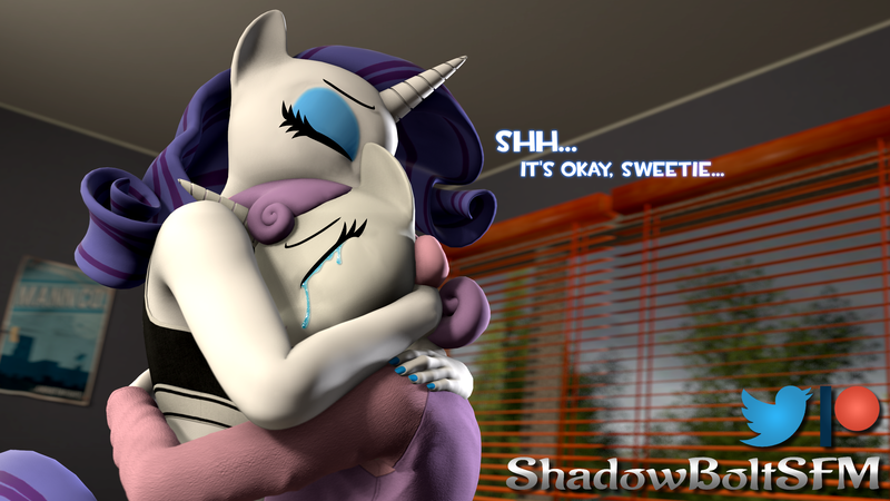 Size: 2880x1620 | Tagged: 3d, anthro, artist:shadowboltsfm, comforting, crying, cute, dawwww, derpibooru import, dialogue, eyelashes, eyes closed, eyeshadow, female, hug, makeup, nail polish, plantigrade anthro, rarity, safe, siblings, sisterly love, sisters, source filmmaker, sweetie belle, wholesome