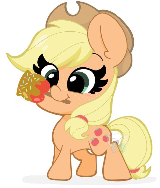 Size: 1700x2000 | Tagged: safe, artist:kittyrosie, derpibooru import, applejack, earth pony, pony, caramel apple (food), cute, female, food, jackabetes, mare, mouth hold, simple background, smiling, solo, white background