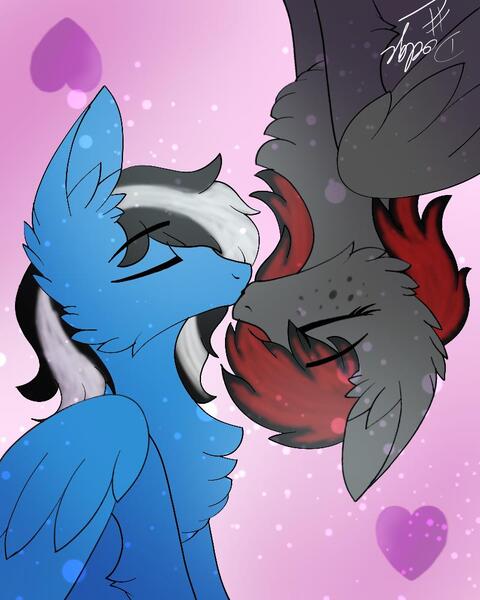 Size: 800x1000 | Tagged: artist:kayla, black and white, blue, card, cute, derpibooru import, digital art, eyes closed, female, freckles, grayscale, heart, kissing, love, male, mare, monochrome, oc, oc:bronylicous, oc:dicemare, pegasus, pegasus oc, pink background, safe, shading, ship, shipping, simple background, sitting, stallion, upside down, wings