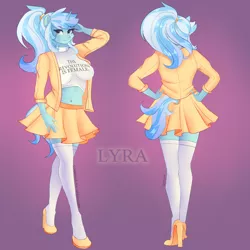 Size: 4000x4000 | Tagged: anthro, artist:xjenn9, clothes, commissioner:endbringer99, derpibooru import, female, feminist, hands on hip, high heels, lyra heartstrings, mare, midriff, pleated skirt, ponytail, reference sheet, safe, shoes, skirt, socks, solo, stupid sexy lyra, thigh highs
