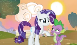 Size: 1239x720 | Tagged: safe, artist:mlplary6, derpibooru import, rarity, spike, female, male, shipping, sparity, straight, sunset