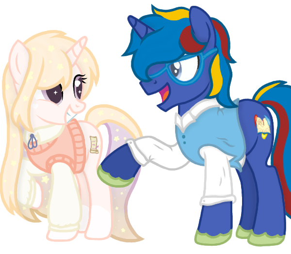 Size: 600x524 | Tagged: safe, artist:emeriss96, derpibooru import, oc, oc:astral mythos, oc:glistening stars, pony, unicorn, clothes, female, glasses, looking at each other, male, smiling, standing