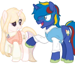 Size: 600x524 | Tagged: safe, artist:emeriss96, derpibooru import, oc, oc:astral mythos, oc:glistening stars, pony, unicorn, clothes, female, glasses, looking at each other, male, smiling, standing