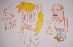 Size: 1280x820 | Tagged: safe, artist:dex stewart, derpibooru import, oc, oc:fargate, earth pony, human, pony, aqua teen hunger force, carl, carl brutananadilewski, i can't believe it's not aryanne, traditional art