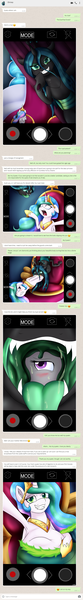 Size: 768x5520 | Tagged: questionable, artist:novaspark, derpibooru import, princess celestia, queen chrysalis, alicorn, changeling, changeling queen, pony, artpack:no nom november, belly, big belly, blushing, bulges, comic, disguise, disguised changeling, drool, fangs, female, grin, gritted teeth, imminent vore, impersonating, long tongue, mare, maw, mawshot, one eye closed, open mouth, oral vore, photobomb, post-vore, replaced, same size vore, selfie, shapeshifting, shocked, smiling, smiling at you, swallowing, text message, throat bulge, throne, tongue out, transformation, uvula, vore