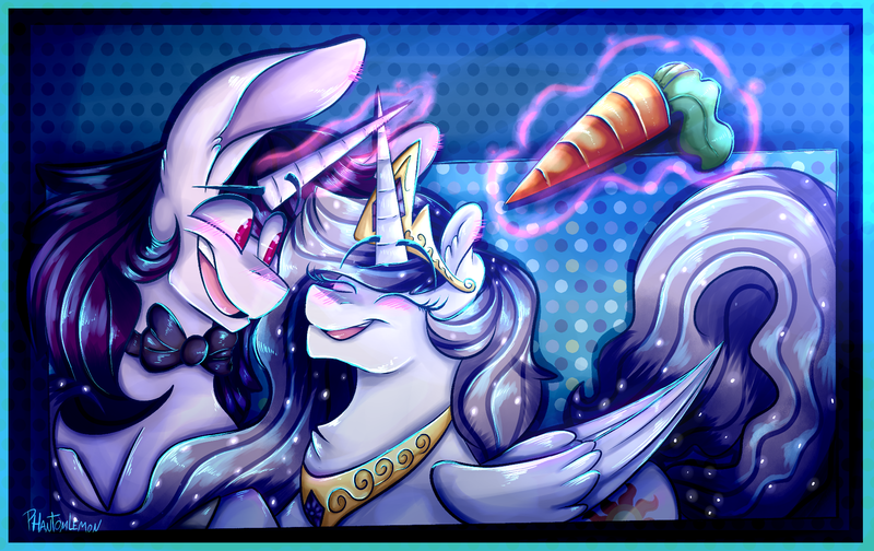 Size: 1890x1191 | Tagged: safe, artist:phantomlemon, derpibooru import, princess celestia, oc, oc:lapush buns, alicorn, unicorn, princess molestia, abstract background, bowtie, bunnycorn, carrot, commission, female, food, looking at each other, magic, male, mare, mother and child, mother and son, smiling, stallion, telekinesis, ych result