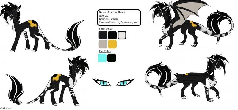 Size: 1280x593 | Tagged: safe, artist:0pika-chan0, derpibooru import, oc, oc:shadow heart, unofficial characters only, draconequus, dracony, dragon, hybrid, pony, unicorn, chest fluff, draconequus oc, female, horn, leonine tail, mare, rearing, reference sheet, unicorn oc