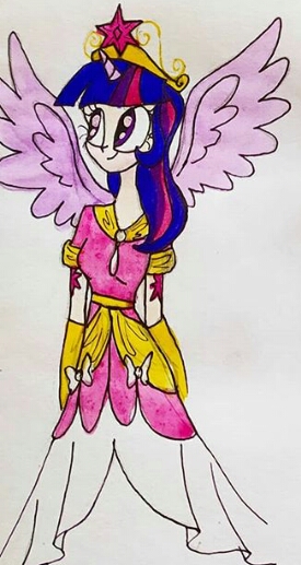 Size: 275x517 | Tagged: alicorn, alicorn humanization, artist:lunaart, clothes, coronation dress, crown, cutie mark on human, derpibooru import, dress, horn, horned humanization, human, humanized, jewelry, magical mystery cure, regalia, safe, solo, twilight sparkle, twilight sparkle (alicorn), winged humanization, wings