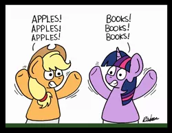 Size: 1024x796 | Tagged: safe, artist:bobthedalek, derpibooru import, applejack, twilight sparkle, earth pony, pony, unicorn, apple, atg 2020, book, flanderization, food, hand puppet, implied rarity, newbie artist training grounds, offscreen character, puppet, redraw, that pony sure does love apples, that pony sure does love books