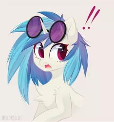 Size: 3828x4096 | Tagged: safe, artist:melloncollie-chan, derpibooru import, vinyl scratch, pony, unicorn, bust, chest fluff, open mouth, pink eyes, portrait, simple background, solo, surprised