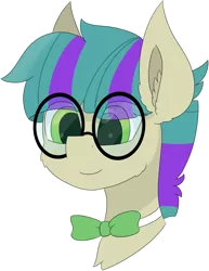 Size: 4193x5444 | Tagged: safe, artist:skylarpalette, derpibooru import, oc, oc:bitty code, unofficial characters only, earth pony, big ears, big glasses, bowtie, cheek fluff, commission, ear fluff, earth pony oc, glasses, green eyes, happy, male, simple background, simple shading, smiling, stallion, transparent background