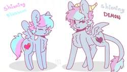 Size: 2560x1440 | Tagged: safe, artist:shinningblossom12, derpibooru import, oc, oc:shining blossom, unofficial characters only, demon, demon pony, original species, pegasus, pony, chest fluff, duo, horn, leonine tail, one eye closed, pegasus oc, simple background, smiling, white background, wings, wink