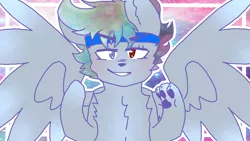 Size: 2560x1440 | Tagged: safe, artist:shinningblossom12, derpibooru import, oc, oc:shining blossom, unofficial characters only, hybrid, pony, wolf, wolf pony, abstract background, bust, chest fluff, fusion, headband, heterochromia, male, paws, spread wings, underpaw, wings