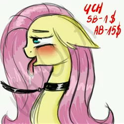 Size: 7000x7000 | Tagged: suggestive, artist:vaiola, derpibooru import, fluttershy, pegasus, pony, ahegao, auction, blushing, bust, collar, commission, drool, fetish, floppy ears, flutterpet, latex, leash, long mane, master, open mouth, pet play, portrait, simple background, solo, tongue out, watermark, white background, ych example, ych sketch, your character here